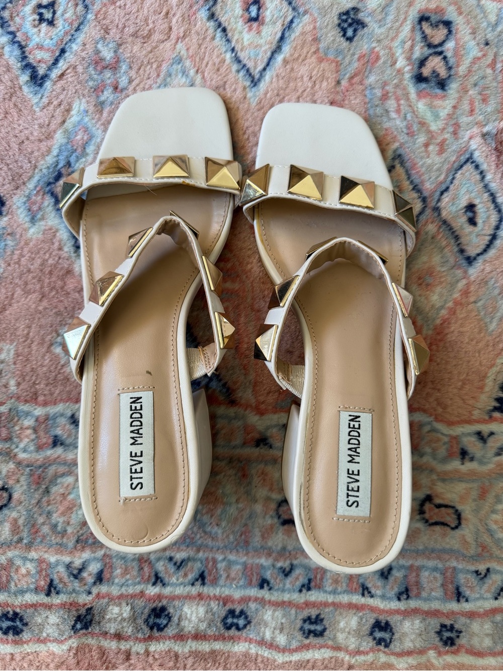Tula White Slide Sandals with Gold Pyramid Studs